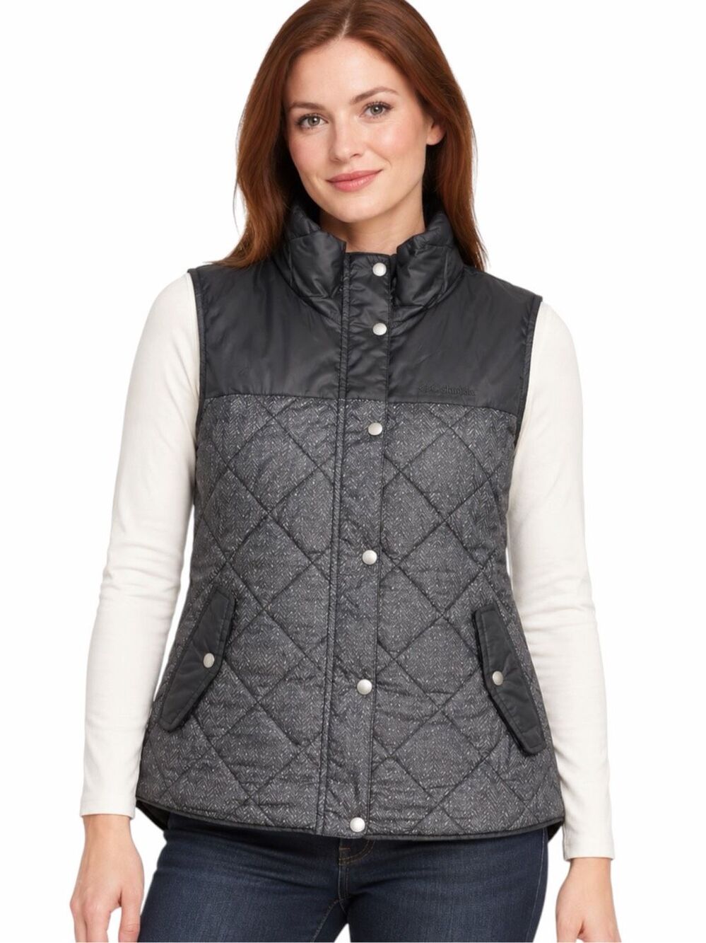 COLUMBIA Rio Dulce Insulated Quilted Vest Black Gray Herringbone 1X